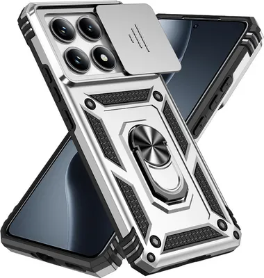 Produktbild von Panzerhülle mit Schiebekamera-Abdeckung und Ringständer für Xiaomi 14T, stoßfeste Schutzhülle, Farbe:Silber