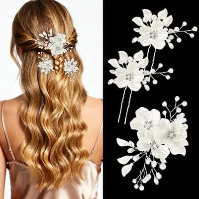 Produktbild von 3 Stück Haarschmuck für die Hochzeit mit Blumen und Imitationsperlen | U-förmige Haarspangen für Bräute und Hochzeiten