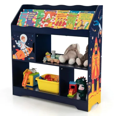 Image de Étagère pour enfants avec placard et 3 étagères, motif fusée et astronaute, système anti-basculement, couleur bleue