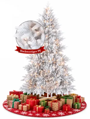 Image de Arbre de Noël artificiel UISEBRT, 180 cm, blanc, avec éclairage LED, branches en PE moulées, pied en bois
