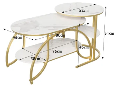Image de Ensemble de deux tables basses rondes - Tables d'appoint - Aspect marbre blanc - Structure en métal doré - Espace de rangement - Dimensions : 80 × 46 × 52 cm + 52 × 52 × 51 cm