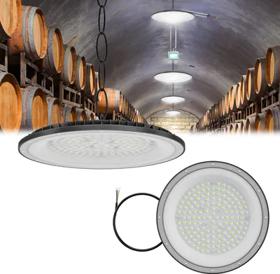 A collage showing a high bay LED light fixture in the foreground and a wine cellar with barrels and similar lights in the background.