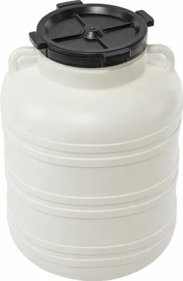 A white plastic fermentation barrel with a black lid and handles, shown against a white background.