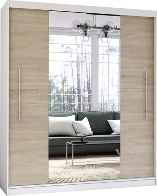 Produktbild von Schwebetürenschrank Kleiderschrank Schrank Garderobe Spiegel Torino (Weiß/Sonoma) + Spiegel und Beleuchtung 200cm
