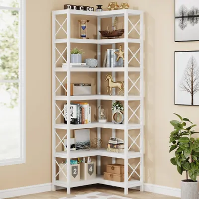 Produktbild von Eck-Bücherregal - Eckregal - 7 Ebenen - 200 cm hoch - 60x60 cm - Metallrahmen, Holzböden - Elfenbeinweiß