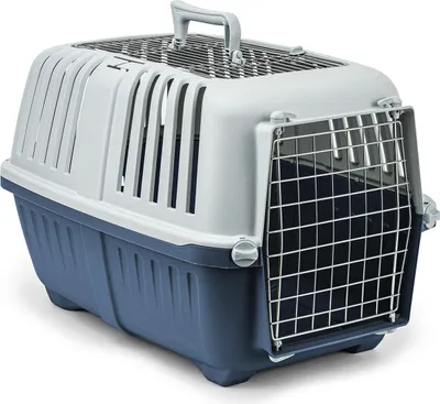 Produktbild von lionto Transportbox für Haustiere, robust & sicher, aus recyceltem Polypropylen, mit Metalltür & Tragegriff, 58,5x35,5x40 cm, dunkelblau