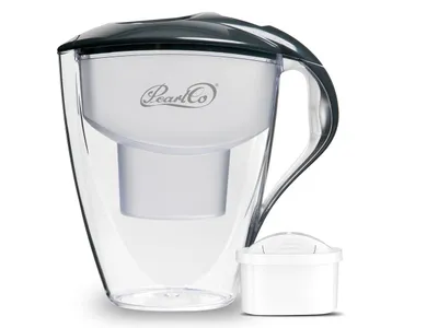 A PearlCo water filter pitcher and a replacement filter cartridge are shown against a white background.