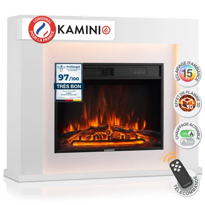 Image de KAMINIO cheminée électrique MATTI - cheminée électrique avec chauffage, effet de flamme 3D, lumière d'ambiance LED, télécommande - blanc