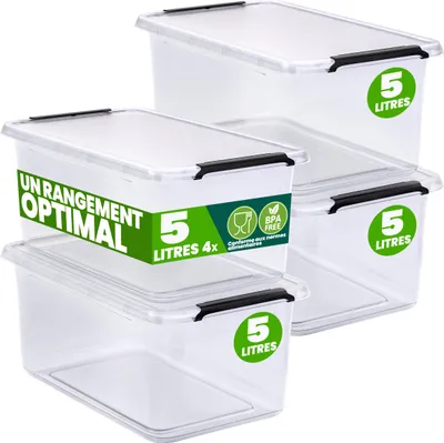 Image de DEUBA® 4x Boîte de rangement 5L en plastique transparent empilable sans BPA gain de place caisse de rangement organiseur