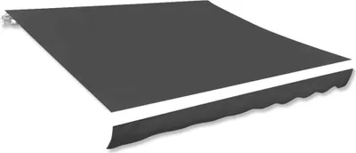 A dark gray awning with a white trim and a scalloped edge, shown from a diagonal angle against a white background.