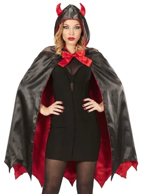 Produktbild von Teufelsumhang mit Kapuze für Damen | Teufelskostüm Schwarz Rot