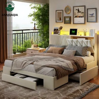 Productafbeelding van Tweepersoonsbed - Bekleed - Met 3 lades - LED-verlichting - USB-oplaadpoort