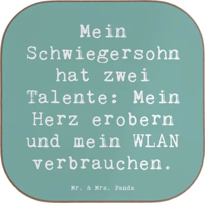 Produktbild von Mr. & Mrs. Panda Holzuntersetzer Spruch Schwiegersohn Talente - Meeresbrise - Geschenk, gläseruntersetzer, handgemacht, Liebe, Tassenuntersetzer, Schwiegereltern, Familie