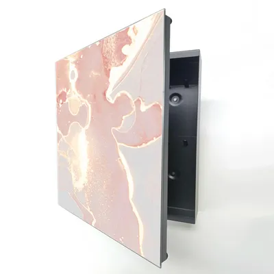 Produktbild von Schlüsselkasten Schwarz Metall, Rosa Gold Abstrakt Motiv hinter Glas, Moderne Schlüsselbox linksöffnend, 32x28x6,5 cm, 20 Haken für Ordnung im Flur.
