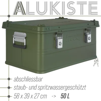 A green aluminum storage box with silver latches and a handle, shown from the front-left angle on a white background. Text overlays describe its features and dimensions.