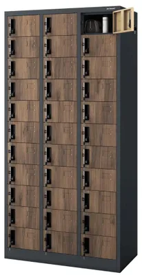 Produktbild von Schließfachschrank Spind OLIVER 33 Fächer Etikettenhalter | Wertfachschrank Umkleideschrank Metall Kleiderspind 185x90x45cm Anthrazit-Nussbaum