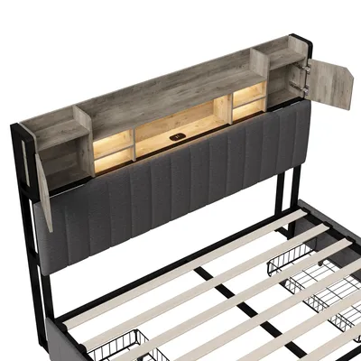 Immagine prodotto di Letto imbottito ProximaX 140x200cm grigio con USB, letto matrimoniale per ragazzi con rete a doghe e 4 cassetti, letto contenitore LED in lino
