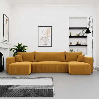 Produktbild von Ecksofa U-Form Castelo U Poso 01 Senfgelb Cord mit Schlaffunktion und Bettkasten