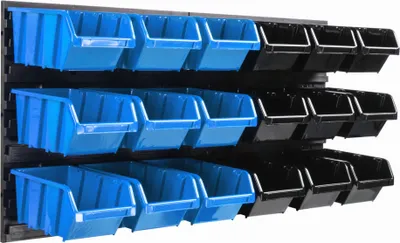 Produktbild von Lagersystem Wandregal 770 x 390 mm | 18 stck. Box | Stapelboxen Schüttenregal Sichtlagerkästen | Extra Starke Wandplatten | Regal Erweiterbar | Werkstattregal Lagerregal Werkstattwandregal Steckregal