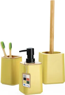 Produktbild von Badezimmer-Set, Seifenspender, Zahnbürstenbecher, WC-Bürste, 6 Farben, modern, Bambus, gelb