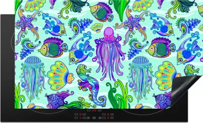 Produktbild von KitchenYeah© Herdabdeckplatte Tiere - Regenbogen - Fische - Muster , 91x52cm, Küche Deko, Glaskeramikkochfeld Herdabdeckung, Abdeckplatte fùr Kochfeld