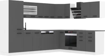 Produktbild von Belini Küchenzeile Küchenblock Küche L-Form JULIE Küchenmöbel mit Griffe, Einbauküche ohne Elektrogeräten mit Hängeschränke und Unterschränke, mit Arbeitsplatten, Silber matt