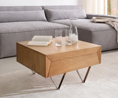 Produktbild von DELIFE Couchtisch Kayu 60x60 cm Akazie Natur 2 Schübe V-Fuß Edelstahl
