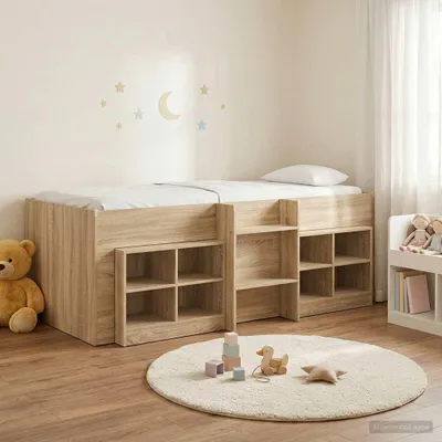 Obrázok produktu pre Maison Exclusive – Posteľ s úložným priestorom a skriňou, 3 kusy, drevotrieska, Imitácia dub Sonoma