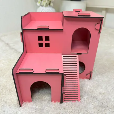 Produktbild von Hamsterhaus Mäusehaus Nagerhaus Holz Rosa 2-stöckig mit Rampe & Höhlen – Stecksystem Käfig-Zubehör für Hamster, Zwerghamster, Mäuse Pink