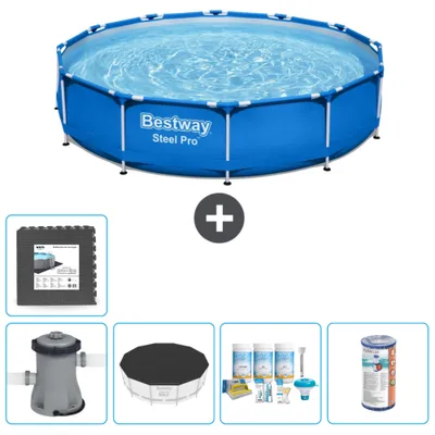 Produktbild von Bestway Round Steel Pro Swimmingpool – 366 x 76 cm – Blau – inklusive Pumpe Abdeckung - Wartungspaket - Filter - Bodenfliesen