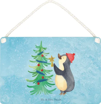 Produktbild von Mr. & Mrs. Panda Schild Pinguin Weihnachtsbaum DIN A5 - Eisblau - Geschenk, Winter, holzbild, Wandbild Holz, Weihnachten, Türschild, Holzschild, kleine aufmerksamkeit
