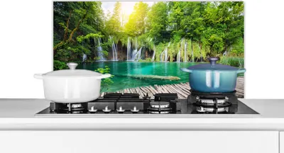 Produktbild von KitchenYeah®  Spritzschutz Küche - Küchenrückwand - Wandschutz für Herd und Spüle - Brücke - Wasserfall - Natur 80x40 - Alu-Dibond (Alternative zum Spritzschutz aus Glas) - Hitzebeständig - Herdspritz