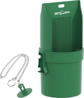 A green reptile feeding dish and a silver chain with a green suction cup are shown against a white background.