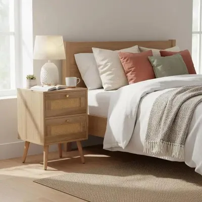 Image de Table de chevet en rotin de style bohème, avec 2 tiroirs de rangement, finition naturelle