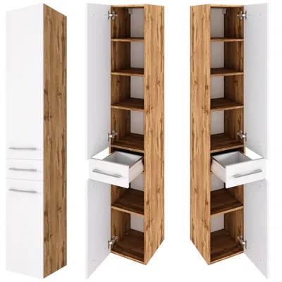 Produktbild von Badezimmer Hochschrank LOUNY-03 in Wotaneiche Nb. mit matt weiß, B/H/T: ca. 30/180/35 cm