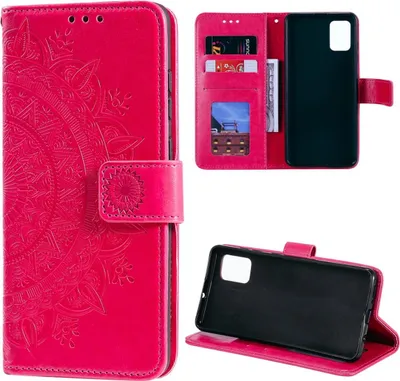 A collage of images showing a pink flip phone case with a mandala design, its interior with card slots, and the phone inserted into the case.