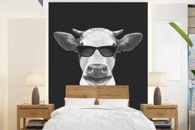 Produktbild von MuchoWow® Fototapete für Wohnzimmer oder Schlafzimmer Wandtapete Vinyl Motivtapete Kuh - Sonnenbrille - Schwarz - Weiß - 175x240 cm - Schlafzimmertapete