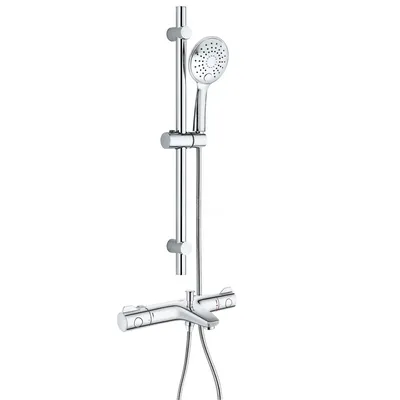 Produktbild von GROHE Duscharmatur Grohtherm 800, Duschsystem mit BELVIT Brauseschlauch, Duschstange, Slim Duschbrause & Seifenschale mit 3 Strahlarten & SafeStop