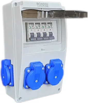Produktbild von RoadEu - Stromverteiler 230V - 4x Schuko Steckdose mit Schalter - Steckdosenverteiler mit 4x Leistungsschalter C 16A - Verdrahtet, Baustromverteiler