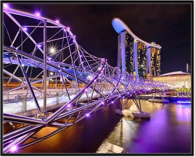 Produktbild von Wallario Wandbild Helix-Brücke in Singapur bei Nacht, Größe: 40,30 x 50,30 cm, Poster mit schwarzem Aluminiumrahmen