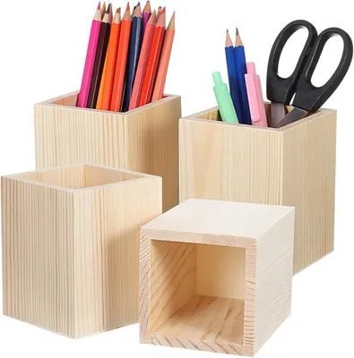 Produktbild von PolkaHome® 4er Set Holz-Aufbewahrungsboxen Stiftehalter Schreibtisch-Organizer Büro-Zubehör, naturbelassen, 8x8x10 cm