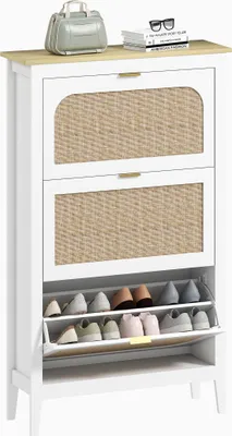 Image de HOMCOM Meuble à chaussures 21 paires, armoire à chaussures étroite bohème avec 3 tiroirs rabattables, portes effet cannage rotin et étagères réglables, pour couloir et entrée, 80x24x131cm, blanc