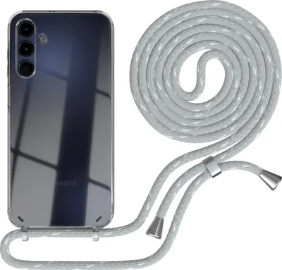 A transparent phone case with a gray lanyard is displayed against a white background.