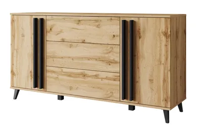 Produktbild von MINIO Kommode "HURON" 150 cm mit 2 Türen, 3 Schubladen und Füßen - Wotan Eiche / Schwarz