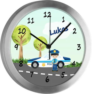 Produktbild von Kinderzimmer Funkwanduhr, Funkuhr Wanduhr Kinder, Polizei 25 cm