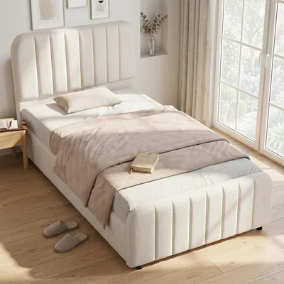 Produktbild von STILVORA Polsterbett 90x200 cm mit hydraulischem Stauraum und Lattenrost, Einzelbett mit gepolstertem Kopfteil, Kinderbett Beige,Leinenstoff