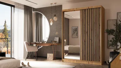 Produktbild von ALTDECOR Kleiderschrank mit Spiegel und Schiebetüren, kugelgelagerte Führungsschienen und Aluminium-Leisten - LAMELO - 160 cm - Artisan/Artisan/Schwarz