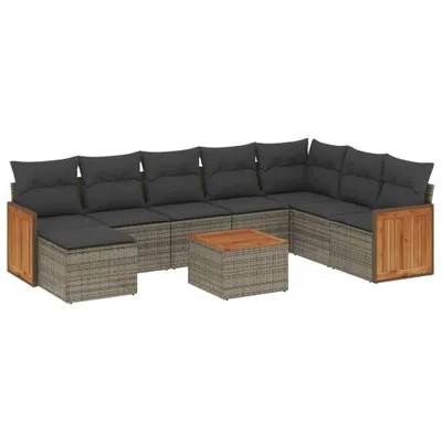Image de Salon de jardin modulaire, résine tressée grise, 9 pièces avec table acacia massif, coussins déhoussables lavables, rangements intégrés