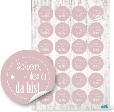 Produktbild von 48 kleine runde Aufkleber SCHÖN DASS DU DA BIST rose rosa weiß shabby 4 cm Geschenkaufkleber Sticker Hochzeit Taufe Kommunion Geburtstag Gastgeschenke give-away Tisch-deko Verpackung Geschenk96 Aufkleber / 4 Bögen