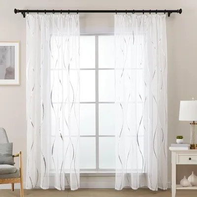 Image de LZE2250T-S145 : Rideau argenté pour salon - Rideau court avec bande plissée pour système de rails - Rideaux transparents pour chambre - Fenêtre